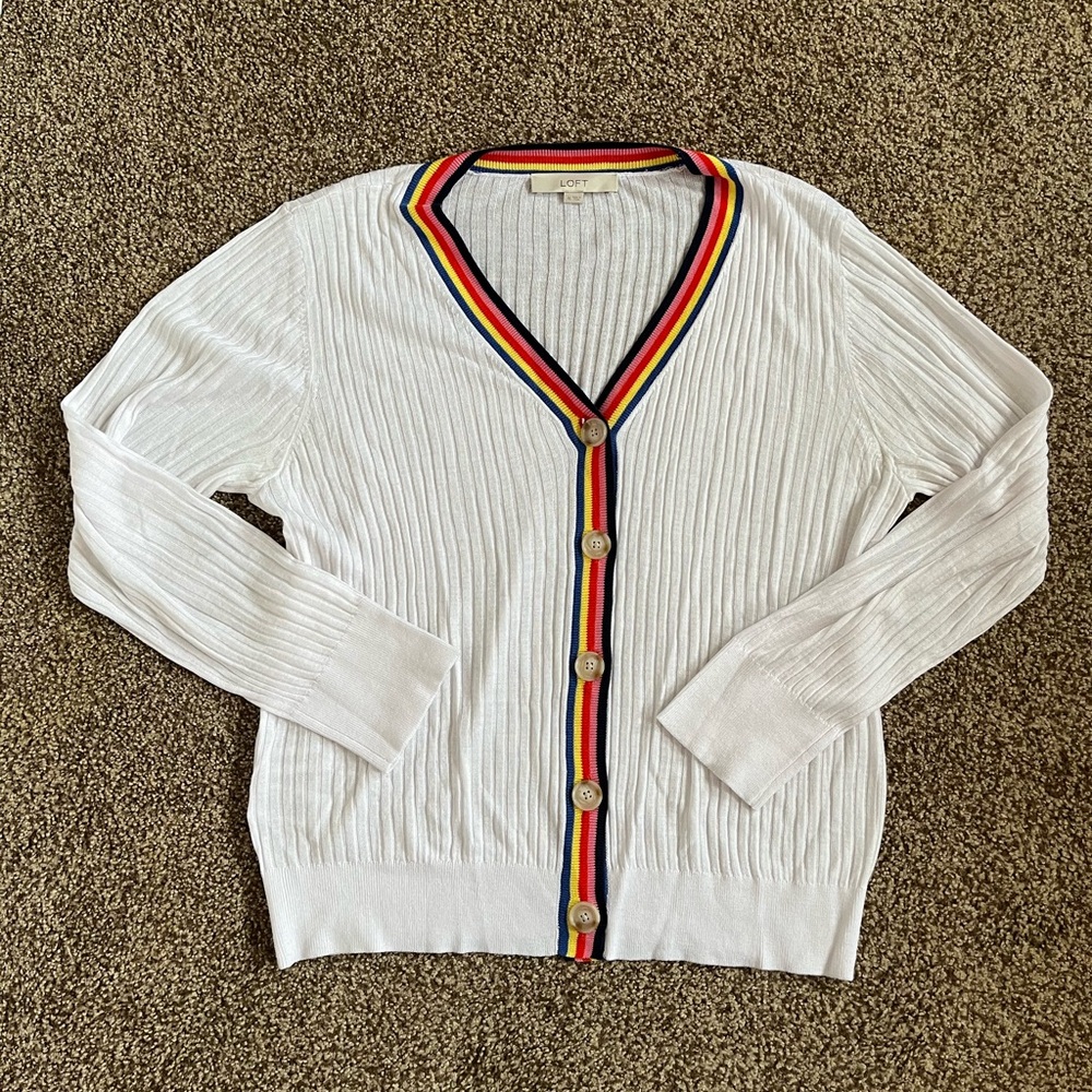 LOFT White Cardigan with Multicolor Trim